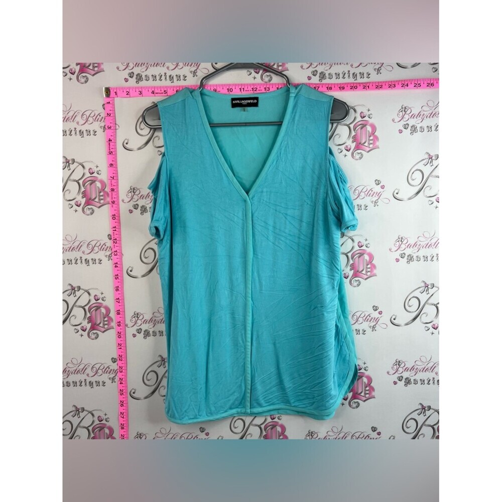 Karl Lagerfeld T-shirt open cut outs arm Turquoise Cold-Shoulder V-Neck Blouse